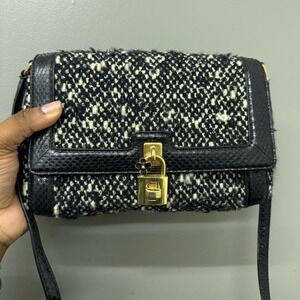 DOLCE & GABBANA Miss Bonita Mini Python Trim Tweed Crossbody Black/White